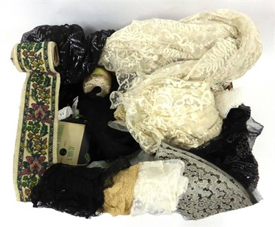 Lot 2086 - Assorted 19th Century and Later Lace, Trimmings and Accessories including a black assuit shawl,...