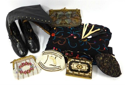 Lot 2092 - Assorted Early 20th Century Costume Accessories including a black silk Chinese shawl embroidered in