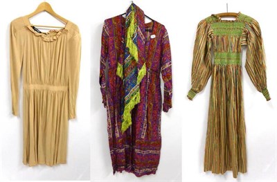 Lot 2128 - Circa 1970's Sally Tuffin Cotton Striped Full Length Dress with long sleeves and green...