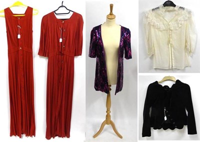 Lot 2134 - Assorted Modern Costume including a Jean Muir red jersey sleeveless full length dress (size 8),...