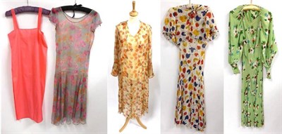 Lot 2156 - Assorted Circa 1920's and 30's Chiffon Dresses including two full length bias cut floral...