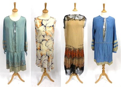 Lot 2157 - Assorted Circa 1920's Costume including a pale blue silk drop waist day dress with striped...