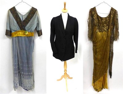 Lot 2158 - Circa 1920's Gold Satin Evening Dress with a gold lace mount, three quarter length sleeves,...