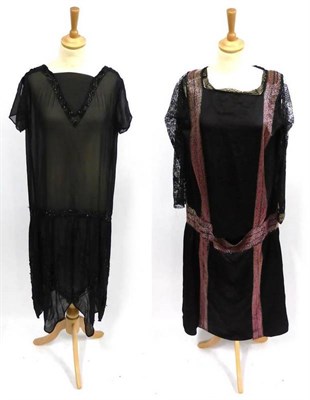 Lot 2161 - Circa 1920's Black Chiffon Drop Waist Dress with panelled skirt decorated with black beads;...