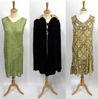 Lot 2163 - Circa 1920's Pale Green Cotton Shift Dress with silver sunburst beaded decoration; Cream Silk Crepe