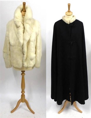 Lot 2165 - Stylish White Rabbit Evening Jacket with single button and large collar; Black Wool Cape with...