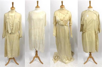 Lot 2167 - Edwardian Costume including a 1913 cream silk long sleeved wedding dress with silk chiffon and lace