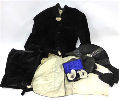 Lot 2173 - 19th Century Black Velvet Court Suit comprising silk lined and quilted tail coat with cut steel...