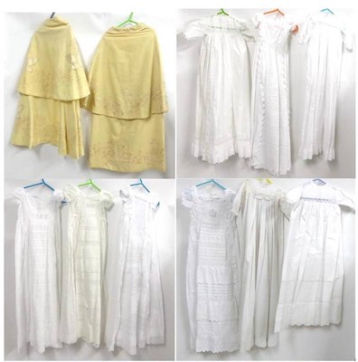 Lot 2175 - Nine 19th Century White Cotton Christening Gowns/Night Gowns incorporating cut work,...