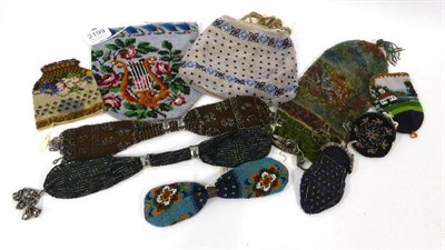 Lot 2199 - Assorted 19th Century and Later Purses and Beadwork including a white bead handbag with blue...