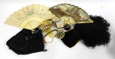 Lot 2201 - 19th Century Bone Fan with pierced guards, painted decoration and paper mount depicting figures...