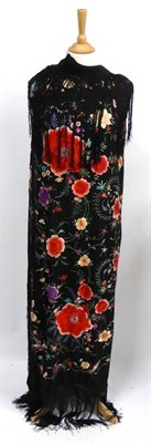 Lot 2204 - Chinese Black Silk Shawl embroidered with chrysanthemums and floral motifs, 150cm by 160cm