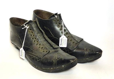 Lot 2206 - Pair of 19th Century Gents Black Leather Working Shoes/Clogs with wooden soles, tooled...