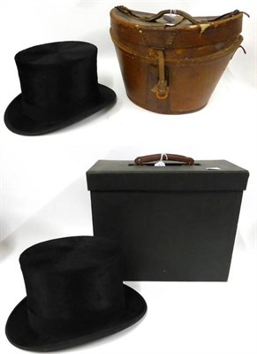 Lot 2208 - Austin Reed Black Silk Top Hat in folding card carrying case, 20.7cm by 16.7cm; Woodrow...