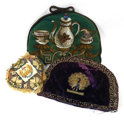 Lot 2209 - 19th Century Wool and Bead Work Tea Cosy decorated with a coffee pot, cup and saucer and milk...