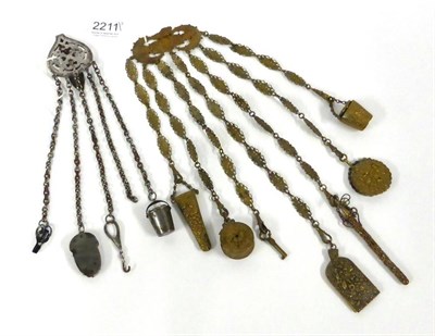 Lot 2211 - Late 19th Century Cut Steel Chatelaine comprising a pierced clip hung with five chains supporting a