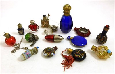 Lot 2218 - Assorted Miniature Coloured Glass Scent Bottles including a red cut glass scent with clear...