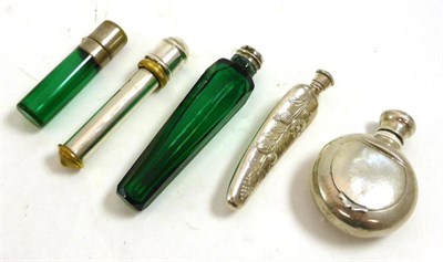 Lot 2220 - Silver Cylindrical Scent Bottle with brass mounts, 9cm; Embossed Silver Scent Bottle and...