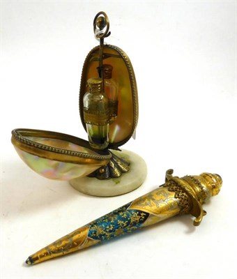 Lot 2222 - Bohemian Green Glass Scent Bottle Modelled as a Dagger with applied gilt decoration, gilt metal...