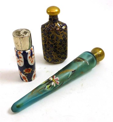 Lot 2223 - Victorian Blue Glass Conical Shaped Scent Bottle decorated with bird on a branch, with brass mount