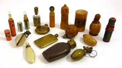 Lot 2227 - Assorted Brass, Treen, Leather and Shell Mounted Scent Bottles, Vials etc (16)