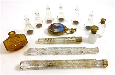 Lot 2235 - Three 19th Century Lachrymatory or Tear Catcher Scent Bottles of clear glass with painted...