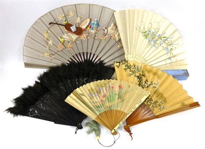 Lot 2237 - 19th Century and Later Fans including a Wooden Fan with gauze mount, hand decorated with birds...