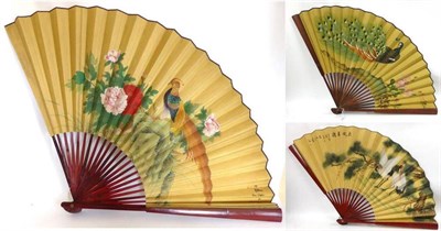 Lot 2239 - Large Japanese Fan with wooden sticks and guards, paper mount decorated with a golden pheasant...