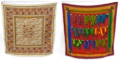 Lot 2247 - Hermes Silk Scarf Striped Belts designed by J Metz, within a red border; Hermes Silk Scarf...