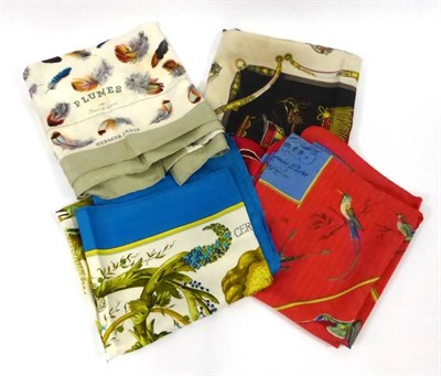 Lot 2248 - Four Hermes Silk Scarves including La Voliere Des Dames in red and blue; Ceres designed by Fr...