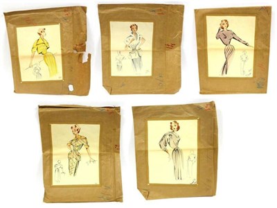 Lot 2260 - Circa 1940's French Fashion Illustrations for Christian Dior, Nina Ricci etc, worked in pen and...