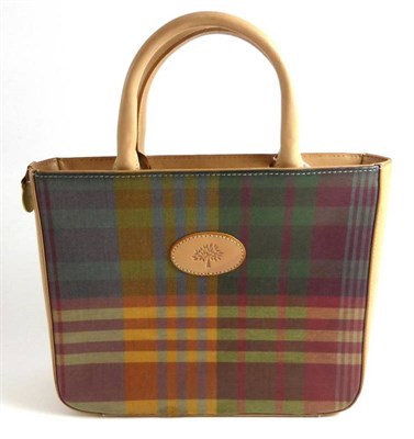 Lot 2263 - Mulberry Tartan Oil Cloth and Leather Tote Bag with two handles, brass mounts, registration...