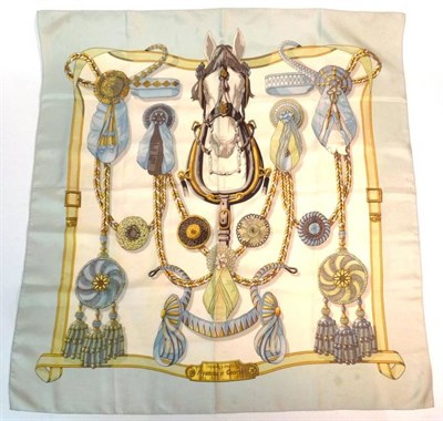 Lot 2265 - Hermes Silk Scarf Frontaux et Cocardes within an eau de nil border, 90cm by 90cm