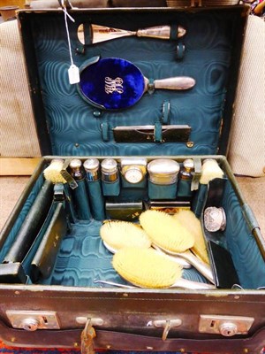 Lot 2267 - Late 19th Century Green Leather Travelling Toilet Case initialled JW in gilt to the top,...