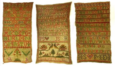 Lot 2276 - 19th Century Unframed Alphabet Sampler by Jesse Smith Aged 10, worked in cross stitch primarily...