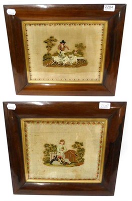 Lot 2284 - Pair of 19th Century Wool Work Pictures depicting young children with rabbits and sheep within...