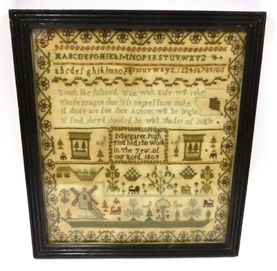 Lot 2287 - Alphabet Sampler Worked by Margaret Pugh, 1809, in silk cross stitch with religious verse and...