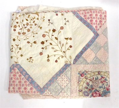 Lot 9 - Circa 1820 Patchwork and Embroidered Quilt, incorporating printed cottons in pink and blue,...