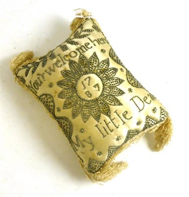 Lot 31 - 18th Century Cream Silk Pin Cushion 'You'r welcome here, My Little Dear' dated 1787, with cream...