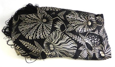 Lot 39 - Circa 1930's Stylish Black and Silver Evening Shawl with tassel trim, 90cm by 90cm (excluding trim)