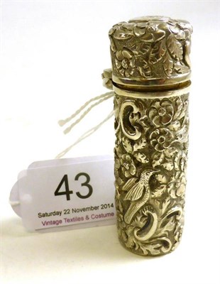 Lot 43 - Victorian Silver Cylindrical Scent Bottle with chased decoration depicting birds and flowers,...