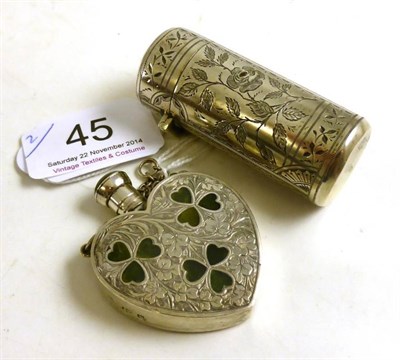 Lot 45 - Victorian Silver Cylindrical Scent Bottle with incised rose decoration, hinged cover, internal...