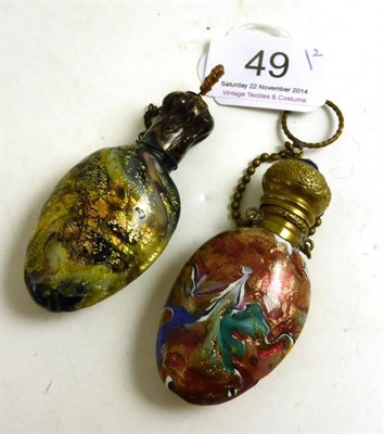 Lot 49 - 19th Century Venetian Coloured Glass Scent Bottle with brass mount and chain, missing glass...