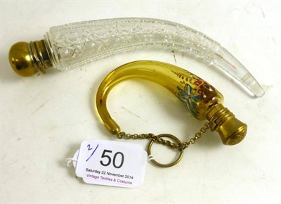 Lot 50 - Victorian Cut Glass Cornucopia Scent Bottle with hinged brass mount, lacking internal stopper,...