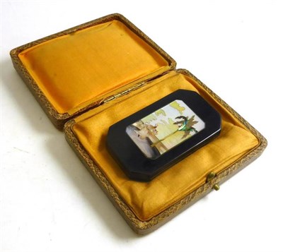 Lot 54 - Circa 1920's French Silver Gilt Compact with black enamel mounts inlaid with mother of pearl,...