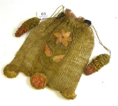 Lot 63 - Late 18th Century Possibly American Straw Work Drawstring Purse decorated with a panel of pink...