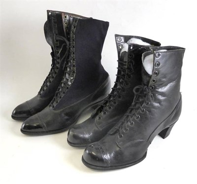 Lot 66 - Pair of Early 20th Century Gipsy Queen Black Leather and Twill Boots with laces and a small...