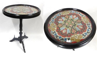 Lot 68 - Victorian Ebonised Tripod Table with circular wool and bead insert, under a glazed mount, 61cm...