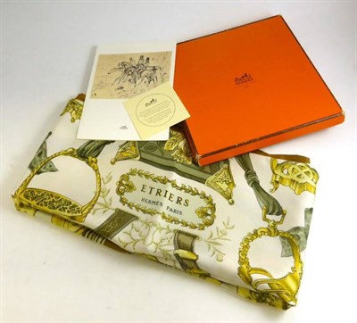 Lot 69 - Hermes Silk Scarf 'Etriers' designed by F de la Perriere, decorated with gilt stirrups and...