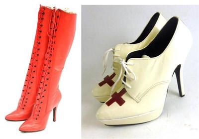 Lot 89 - Pair of White Patent Heels with laces and red cross patent applique to the front, 13cm; Pair of Red